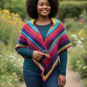 Crocheted Homemade Shawl Wrap Triangle Multicolor Rainbow Grannycore Chevron